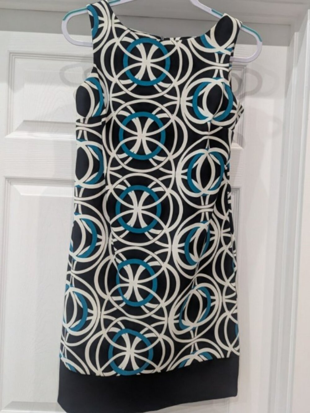 AB Studio Geometric Print Sheath Dress | Size 4 | Black, White & Teal